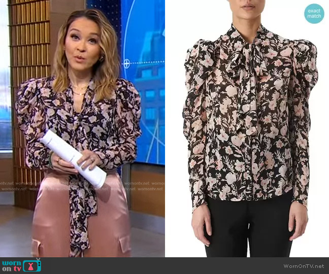 Bardot Amielie Floral Puff Sleeve Tie Neck Blouse worn by Eva Pilgrim on Good Morning America