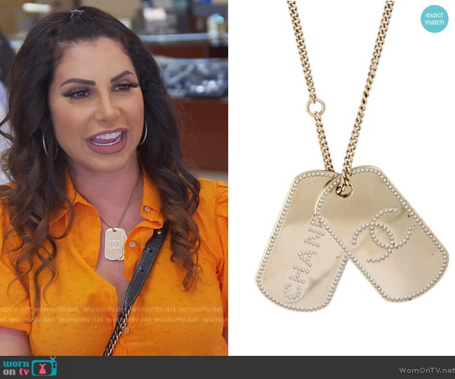 Chanel Strass Double Dog Tag CC Pendant Necklace worn by Jennifer Aydin on The Real Housewives of New Jersey