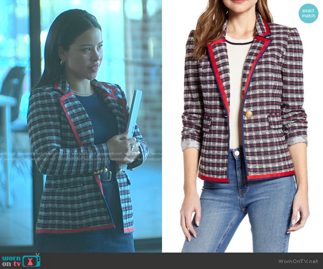 Court & Rowe Satin Trim Plaid Tweed Blazer worn by Mariana Foster (Cierra Ramirez) on Good Trouble