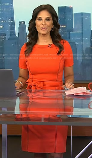 Darlene’s red tie waist dress with black stitching on Today