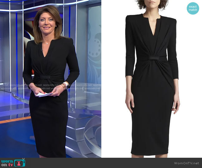 Giorgio Armani Draped Milano Stitch Midi Dress worn by Norah O'Donnell on CBS Evening News