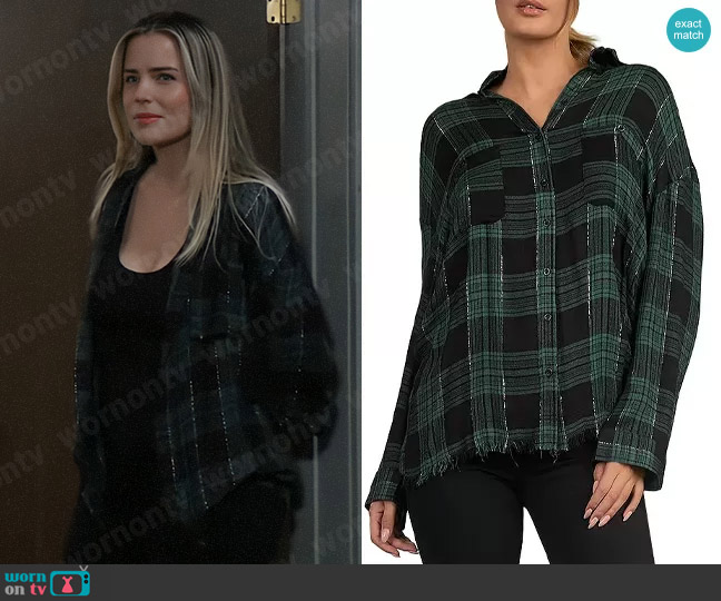 Elan Frayed Plaid Shirt in Black Green worn by Sasha Gilmore (Sofia Mattsson) on General Hospital