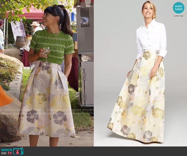 Eliza J Floral Jacquard Ball Skirt worn by Sam (Hannah Simone) on Not Dead Yet
