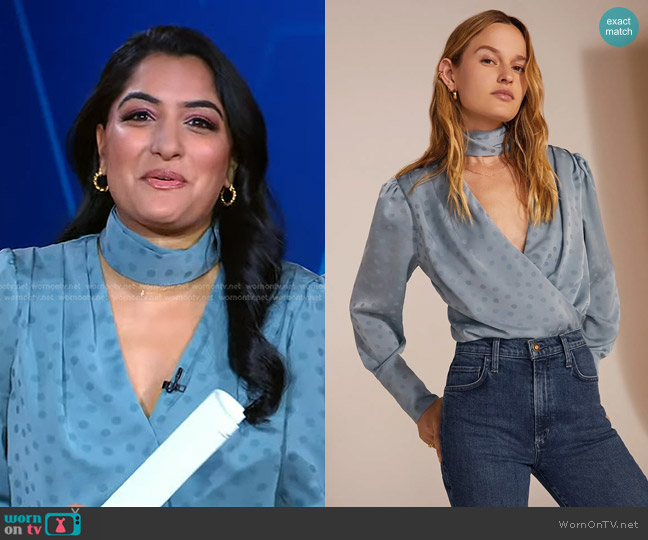 Favorite Daughter The Joan Polka Dot Jacquard Blouse worn by Reena Roy on Good Morning America
