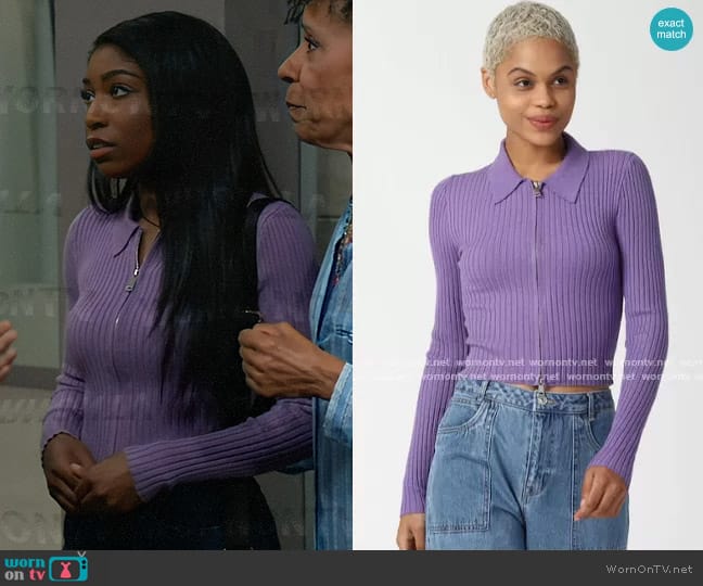 Forever 21 Ribbed Zip-Up Sweater worn by Trina Robinson (Tabyana Ali) on General Hospital