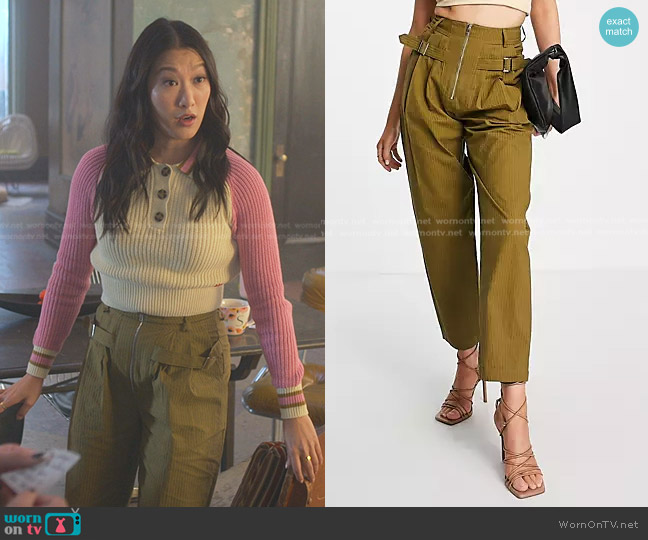 Ghospell High Waist Peg Leg Pants in olive worn by Sumi (Kara Wang) on Good Trouble