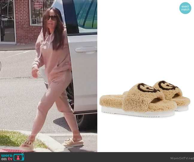 Gucci Interlocking G shearling slides worn by Melissa Gorga on The Real Housewives of New Jersey
