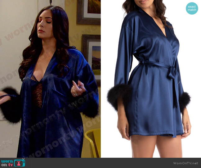 In Bloom by Jonquil Noelle Feather Trim Satin Wrap Robe worn by Gabi Hernandez (Camila Banus) on Days of our Lives