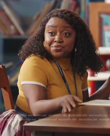 Janine’s yellow ribbed top on Abbott Elementary
