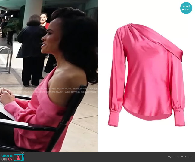 Jonathan Simkhai Alice One-Shoulder Satin Top worn by Linsey Davis on Good Morning America