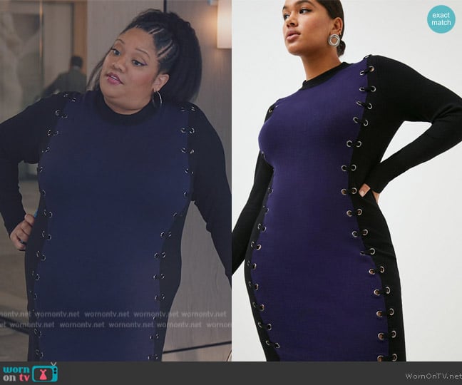 Karen Millen Plus size Eyelet Detail Knitted Dress worn by Dori Ovens (X Mayo) on American Auto