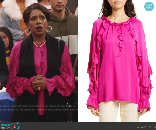 Kobi Halperin Mikki Ruffle Stretch Silk Blouse worn by Barbara Howard (Sheryl Lee Ralph) on Abbott Elementary