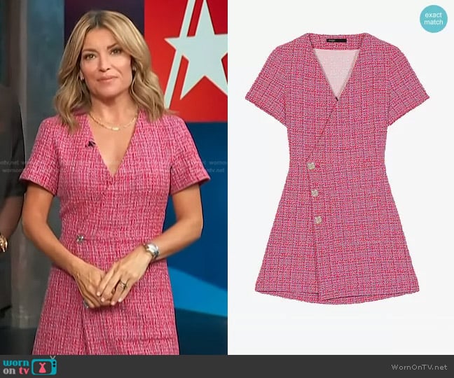 Maje Rolia cut-out wrap tweed mini dress worn by Kit Hoover on Access Hollywood
