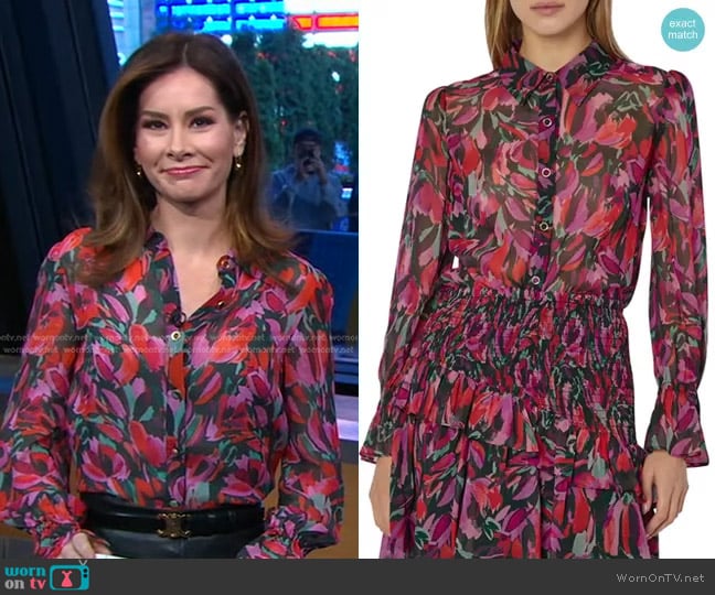 Milly Lacey Floral-Print Button-Down Top worn by Rebecca Jarvis on Good Morning America