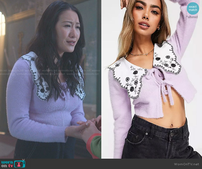 Miss Selfridge Collar Detail Lash Tie Front Cardigan in lilac worn by Sumi (Kara Wang) on Good Trouble