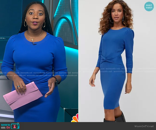 New York & Company Twist-front Sheath Dress Blue Destiny worn by Kay Angrum on NBC News Daily