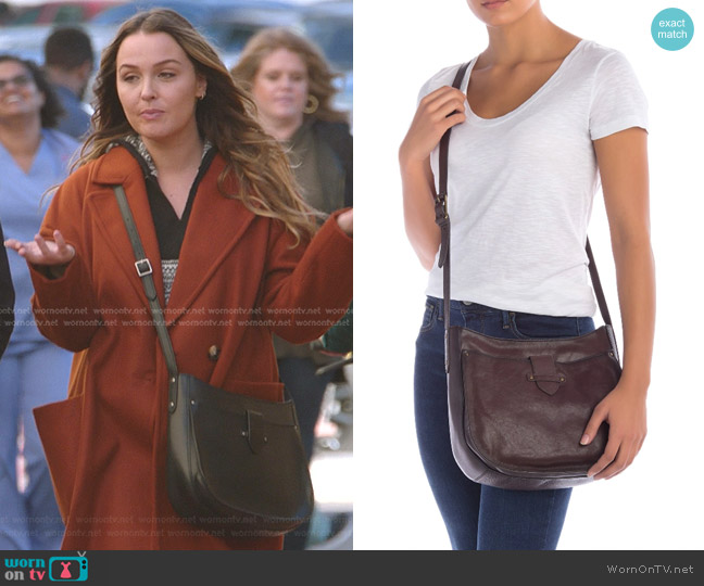 Frye Olivia Large Leather Crossbody Bag In Chocolate worn by Jo Wilson (Camilla Luddington) on Greys Anatomy