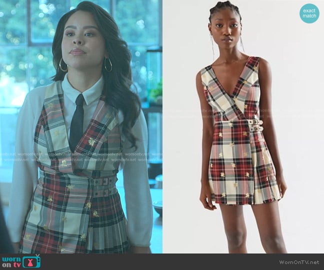 Urban Outfitters Plaid Jumper Dress with Bees worn by Mariana Foster (Cierra Ramirez) on Good Trouble