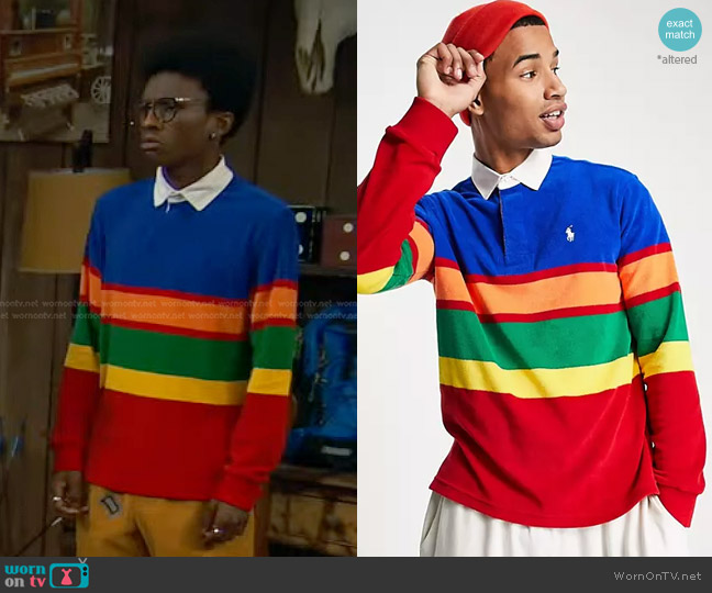 Polo Ralph Lauren Block Stripe Rugby Sweatshirt in Multi worn by Noah Lambert (Israel Johnson) on Bunkd