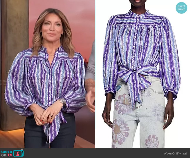 Sandro Peninsula Silk Floral Stripe Cropped Blouse worn by Kit Hoover on Access Hollywood