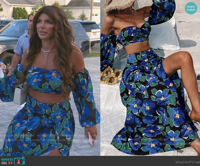 Shein Floral Print Off Shoulder Crop Top & Ruched Split Thigh Skirt worn by Teresa Giudice on The Real Housewives of New Jersey
