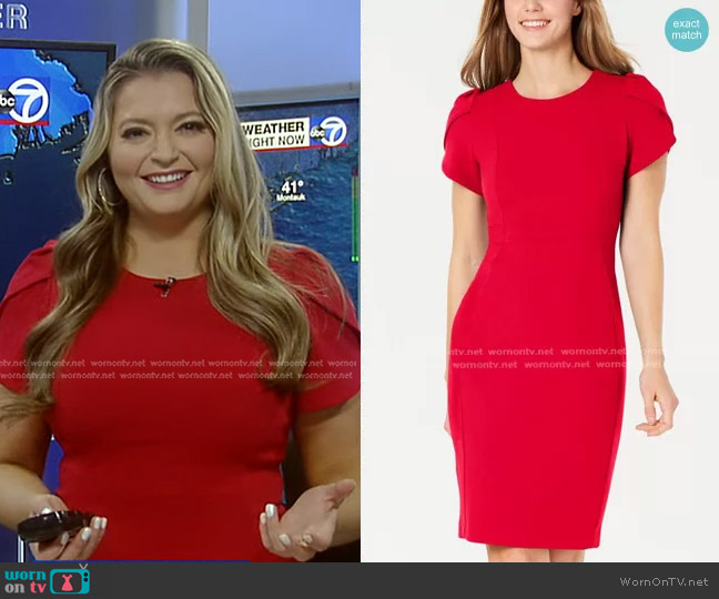 Calvin Klein Tulip-Sleeve Sheath Dress in Red worn by Dani Beckstrom on Good Morning America