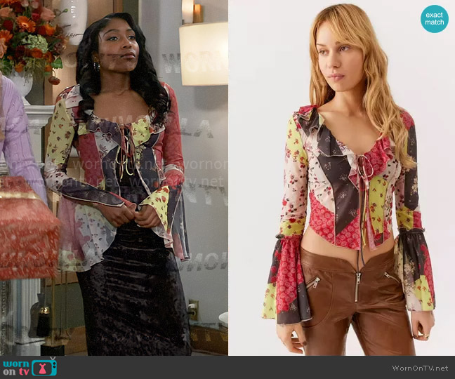 Urban Outfitters Gossamer Flyaway Top in Black Multi worn by Trina Robinson (Tabyana Ali) on General Hospital