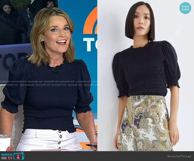 Veronica Beard Langston Smocked Top worn by Savannah Guthrie on Today