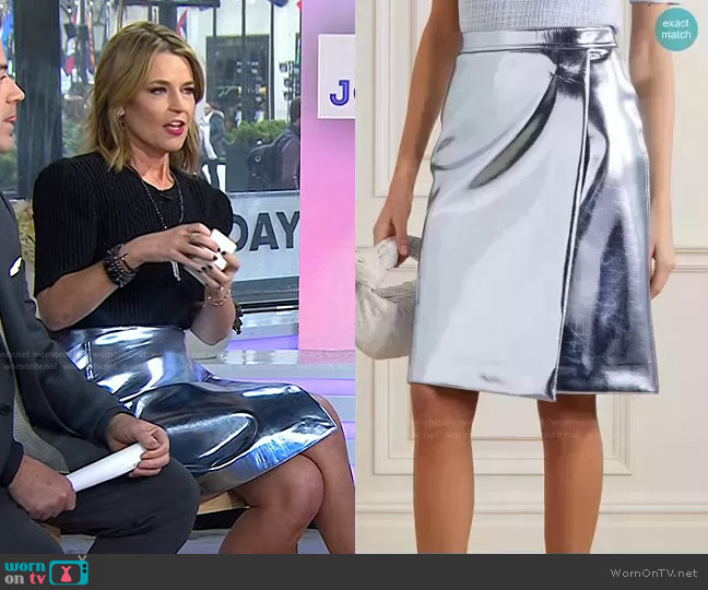 Victoria Beckham Wrap-Effect Metallic Scuba Skirt worn by Savannah Guthrie on Today