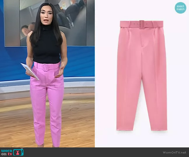 Zara Pants with Fabric-covered Belt in Pink worn by Emilie Ikeda on Today