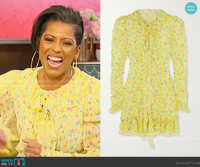 Alessandra Rich Violet cutout ruffled floral-print silk-georgette mini dress worn by Tamron Hall on Tamron Hall Show