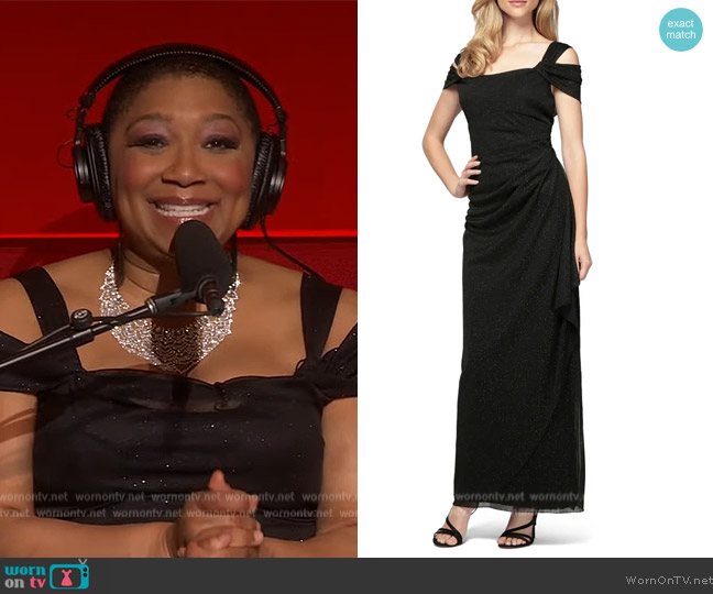 Alex Evenings Cold Shoulder Ruffle Glitter Gown worn by Deja Vu on Live with Kelly and Mark