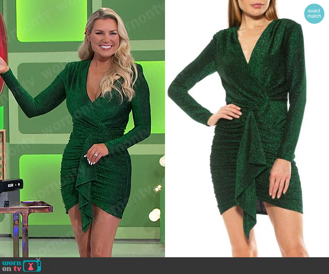 Alexia Admor Long Sleeve Ruched Drape Mini Dress in Emerald worn by Rachel Reynolds on The Price is Right