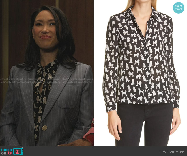Alice + Olivia Willa Dog Print Long Sleeve Silk Blouse worn by Paisley (Alli Chung) on Sex/Life
