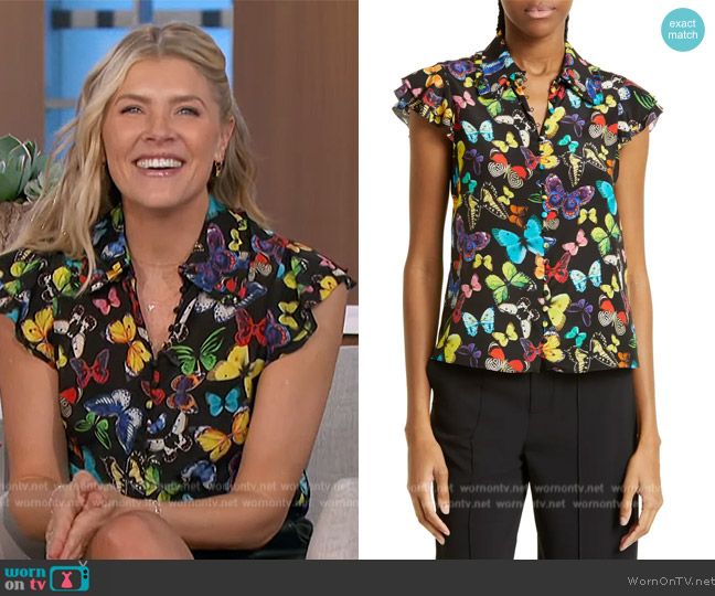 Alice + Olivia Martell Butterfly Print Silk Flutter Sleeve Top worn by Amanda Kloots on The Talk