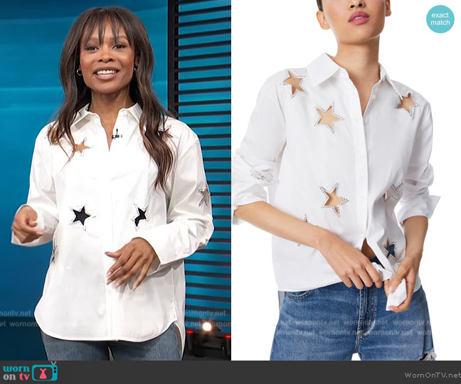 Alice and Olivia Finely Embellished Cutout Shirt worn by Zuri Hall on Access Hollywood