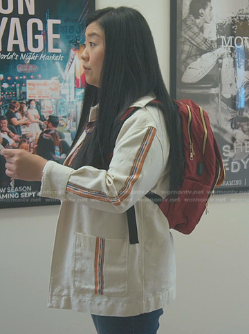 Alice’s white contrast stripe jacket on Good Trouble