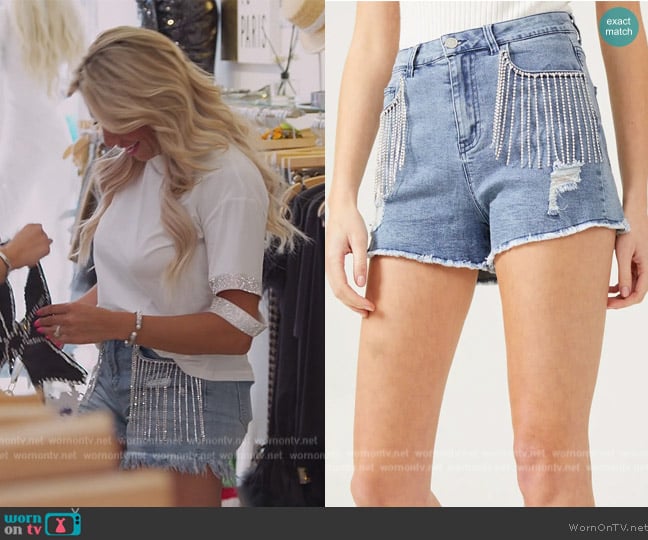 Altar'd State Rhinestone Fringe Shorts worn by  on The Real Housewives of New Jersey