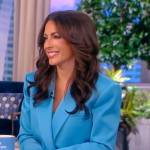 Alyssa’s turquoise satin blazer and pants on The View
