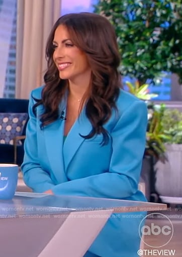 Alyssa’s turquoise satin blazer and pants on The View