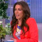 Alyssa’s pink blazer and printed top on The View