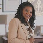 Amara’s beige cropped tweed jacket on All American Homecoming