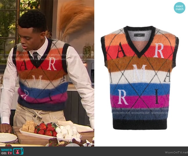 Amiri Argyle Intarsia Knitted Vest worn by Jabari Banks on The Drew Barrymore Show