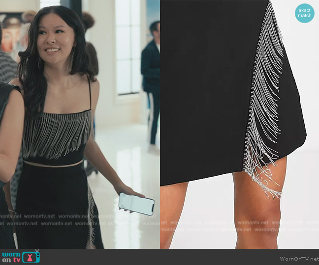 & Other Stories Rhinestone fringe mini skirt in black worn by (Aimee Li) on Bel-Air
