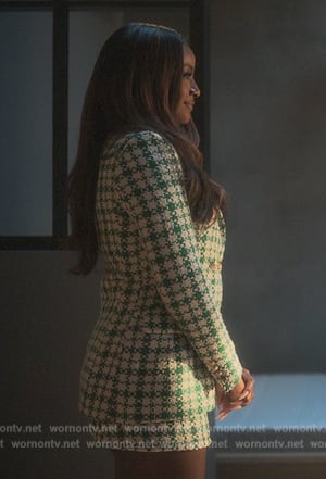 Anika’s green textured blazer and skirt on Grown-ish