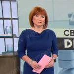 Anna Werner’s blue cowl neck dress on CBS Mornings