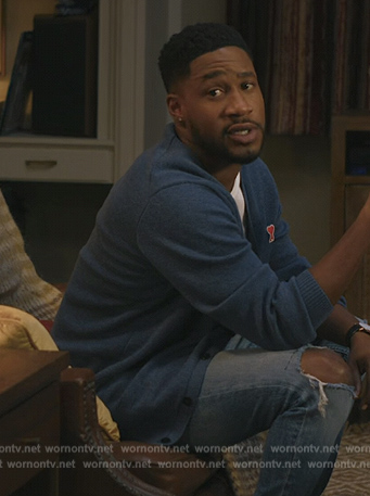 Anthony’s blue heart embroidered cardigan on Grand Crew