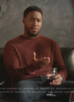 Anthony’s burgundy ribbed sweater on Grand Crew