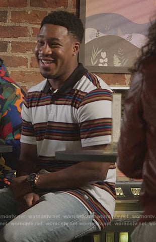 Anthony’s white stripe polo on Grand Crew