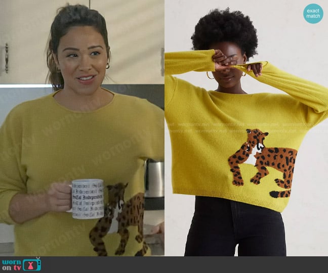 Maeve Cashmere Intarsia Sweater in Chartreuse worn by Nell Serrano (Gina Rodriguez) on Not Dead Yet